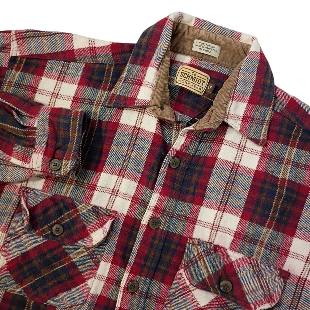 C.E. Schmidt Workwear Heavy Flannel Shirt Mens Large Tall Red Plaid Flap Pockets